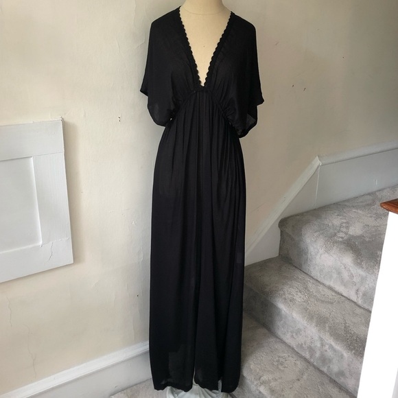 Muche et Muchette Double Slit Open Back Black Viscose Crochet Trim Maxi Dress OS - Picture 1 of 10